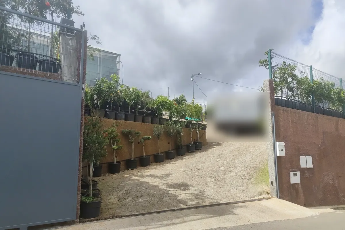 Entrada do viveiro, com o portão e o caminho de acesso